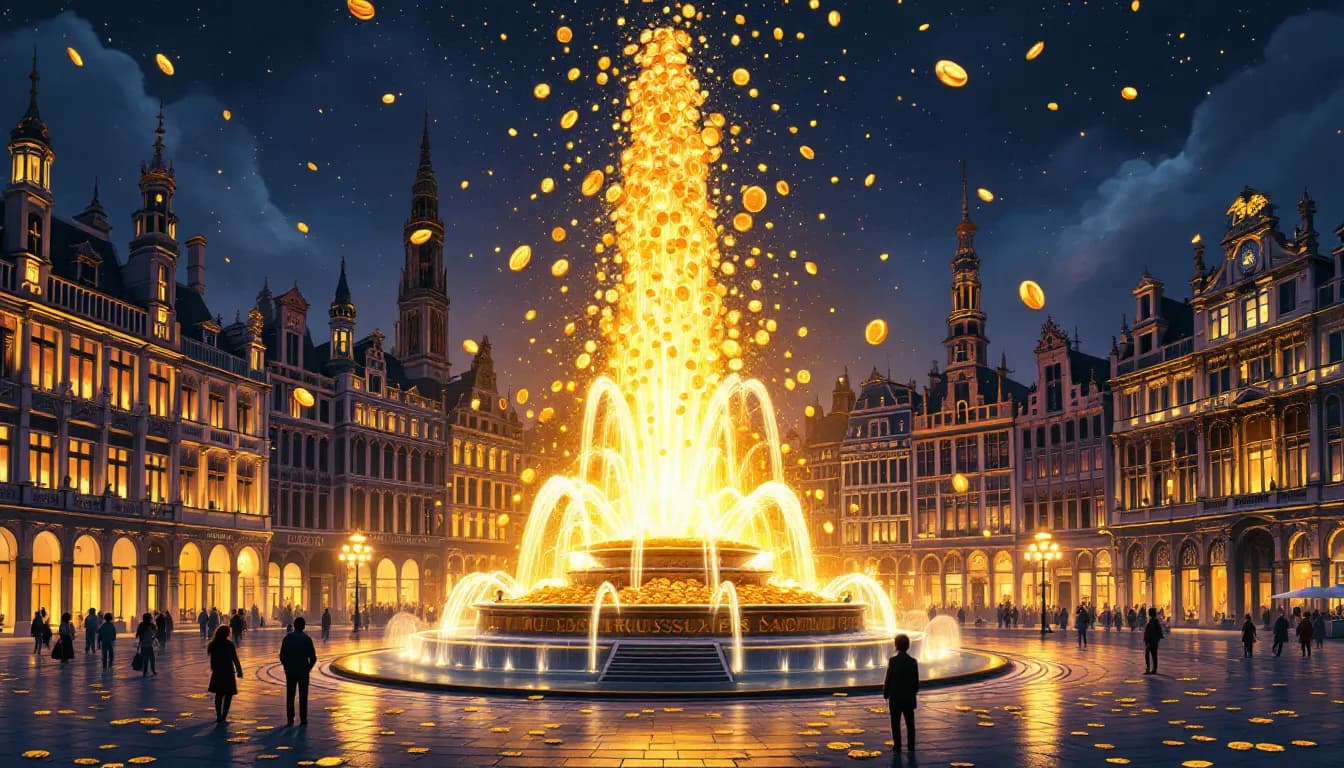 Painterly evening scene in a small Belgian town square evoking a quiet EuroMillions celebration