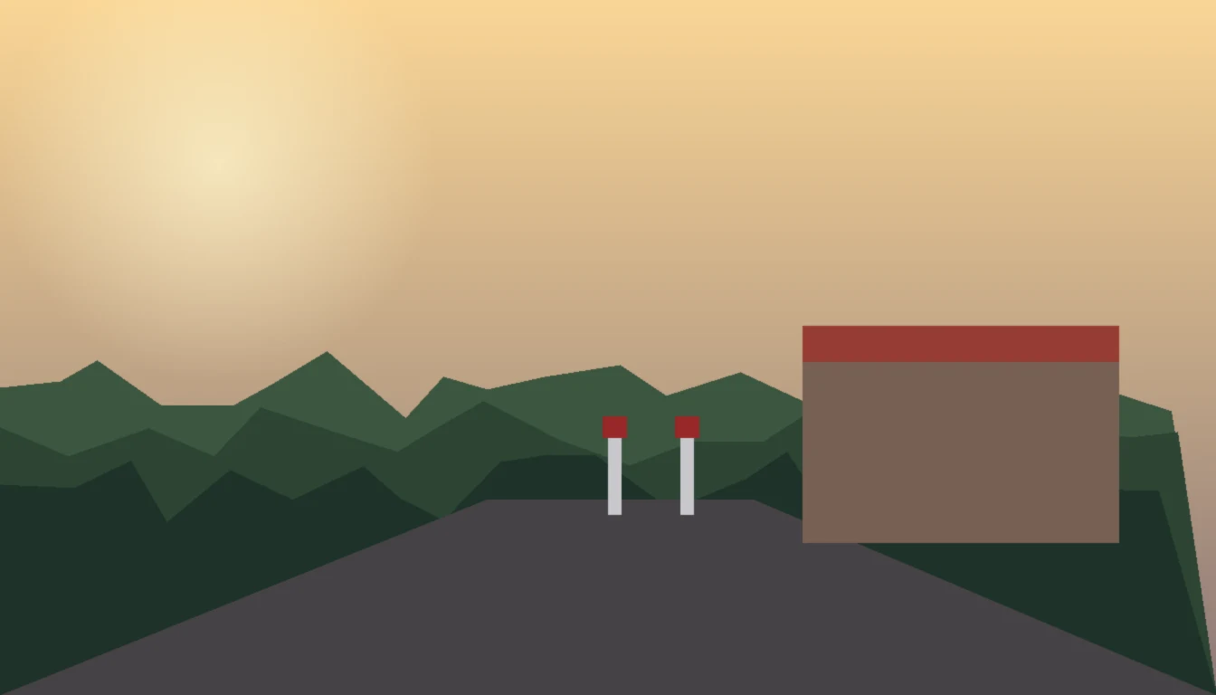 Painterly morning scene of a quiet highway travel stop with fuel pumps and wooded hills