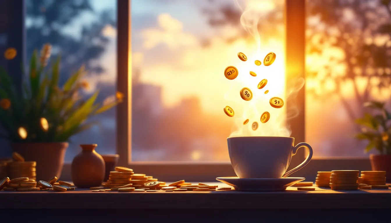 Cozy sunrise scene with a coffee cup, evoking a quiet prize claim