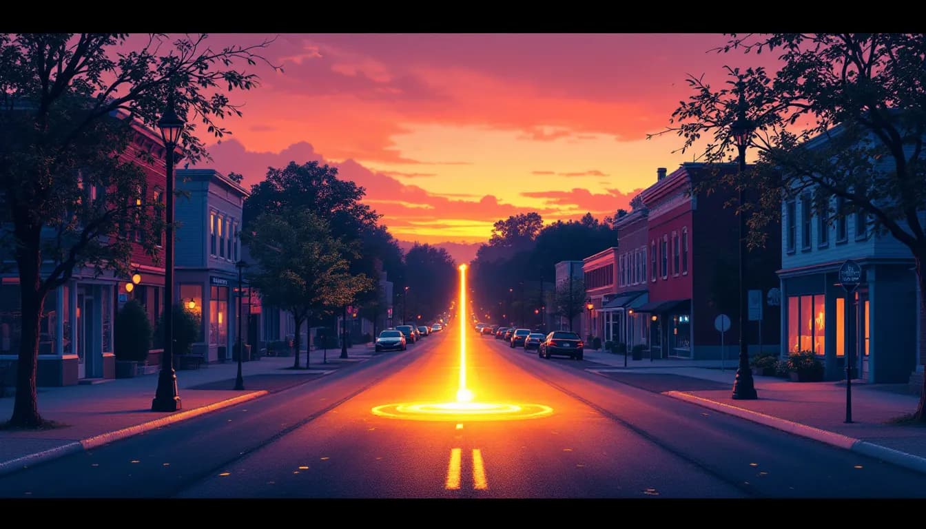 Painterly small-town American main street at golden hour, evoking a life-changing Powerball win